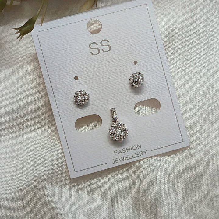 Silver CZ Flower Pendant Set 